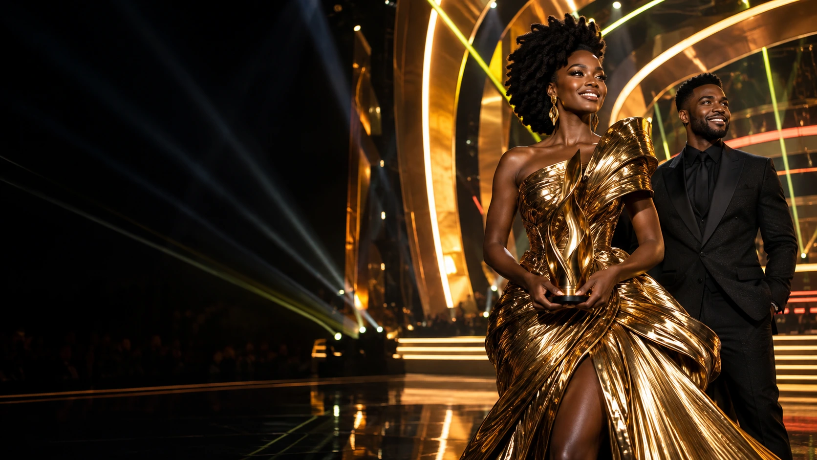 Black awards celebrants on a futuristic gold-lit stage