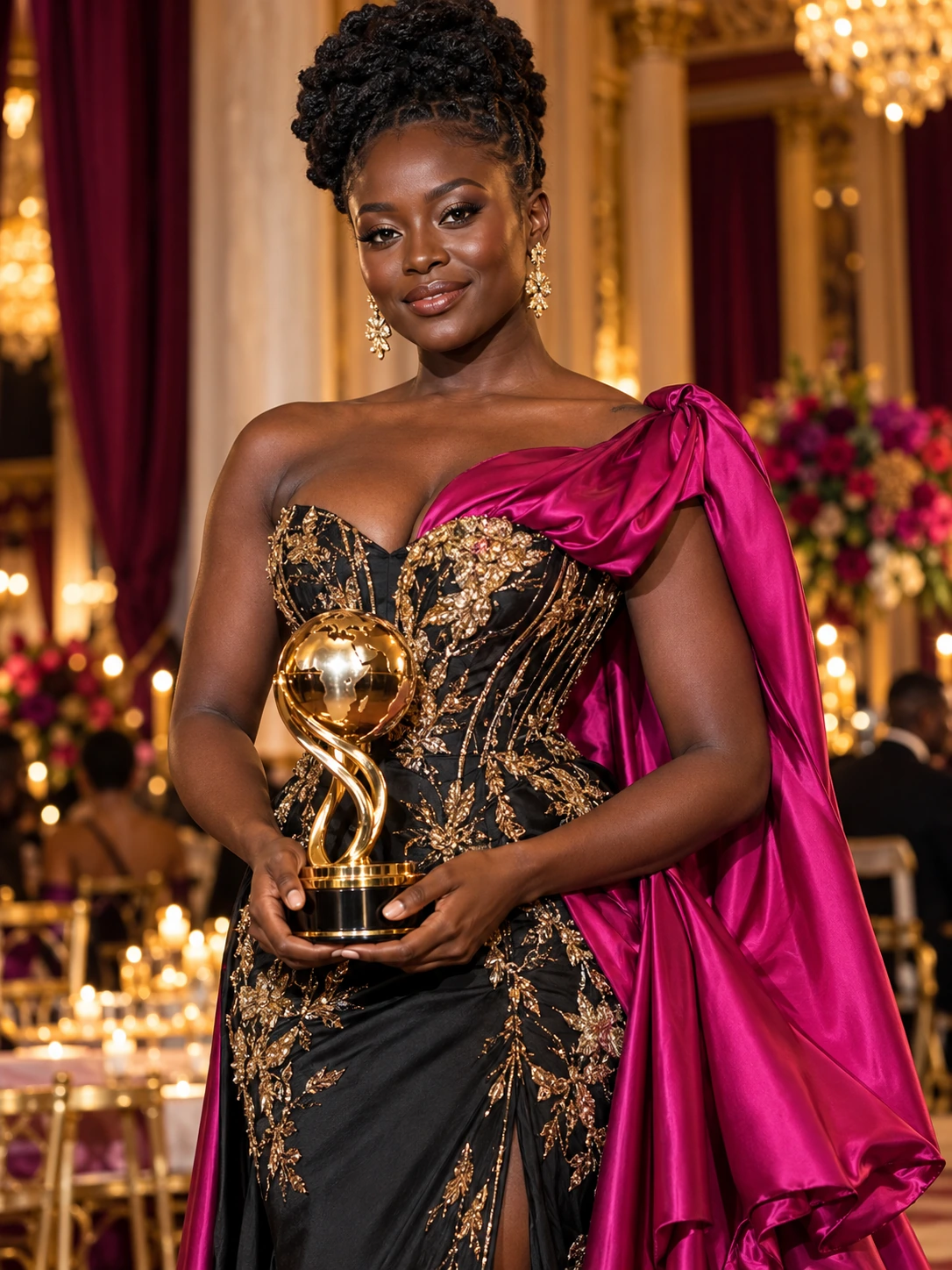 A woman in a black and gold gown holding a golden recognition trophy