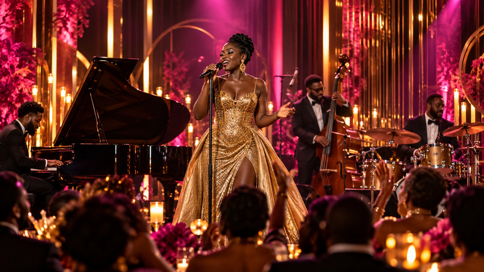 A vocalist performing on a gold and fuchsia-lit stage
